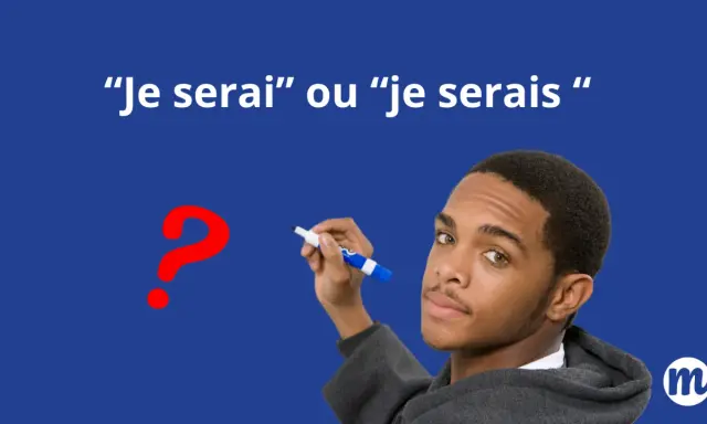 Un jeune homme réfléchit à la différence entre "je serai" et "je serais", un point d'interrogation rouge à côté.