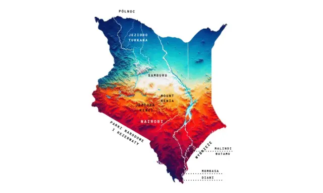 Mapa Kenii z zaznaczonymi jeziorami, górami i miastami. Pokazuje, gdzie leży Kenia, od Jeziora Turkana na północy po wybrzeże z Mombasą na południu.