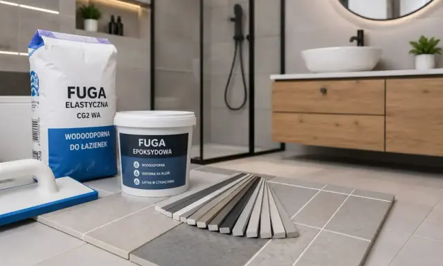 Wybierasz jaka fuga do łazienki? Na zdjęciu produkty: fuga elastyczna i epoksydowa, próbki kolorów i akcesoria do układania płytek.