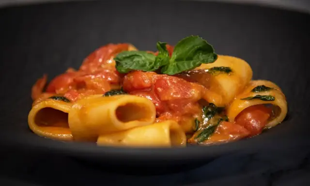 Paccheri alla Vittorio, un piatto di pasta succulenta con pomodoro fresco e basilico, servito in una ciotola scura.