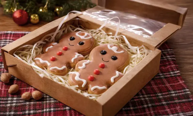Deux adorables biscuits de Noël en pain d'épice, décorés de glaçage blanc et de bonbons rouges, sont présentés dans une boîte en carton.