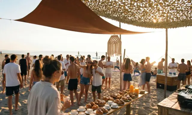 Un gruppo di persone festeggia su una spiaggia di Rimini, con un buffet di dolci e caffè. Alcuni fanno yoga, altri si godono il sole.