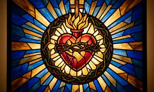 Vitrail rayonnant : le cœur sacré, entouré d'épines et de flammes, symbolise l'amour divin. La signification cœur sacré tattoo est ici magnifiquement représentée.