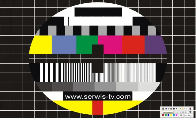 Test kolorów monitora: klasyczny obrazek testowy z kolorowymi pasami, czarno-białymi paskami i tekstem www.serwis-tv.com.