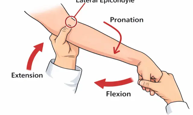 Illustration zeigt einen Tennisarm Test. Der Arzt drückt auf den lateralen Epikondylus, während er Extension und Pronation des Arms ausführt.