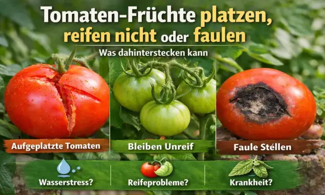 Aufgeplatzte, unreife oder faule Tomaten. Ursachen können Wasserstress, Reifeprobleme oder Krankheit sein.