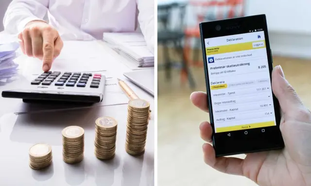 Person räknar på miniräknare med myntstaplar. En mobil visar en preliminär skatteuträkning, en del av vinst skatt.