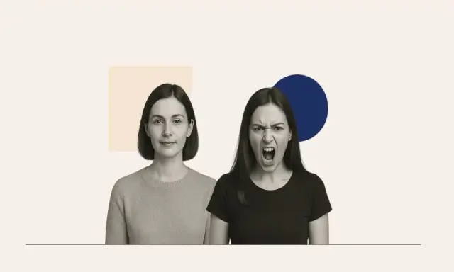 Dwie kobiety: jedna spokojna, druga krzycząca.