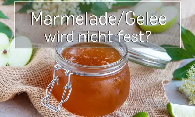 Glas mit flüssiger Marmelade, daneben Äpfel und Limettenspalten. Text: "Marmelade/Gelee wird nicht fest?".