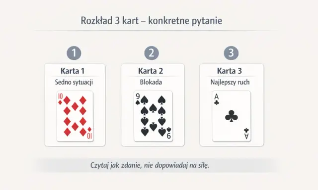 Rozkład 3 kart do wróżenia: sedno sytuacji (10 karo), blokada (9 pik) i najlepszy ruch (As trefl).