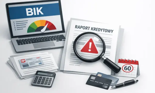 Raport kredytowy z BIK, lupa z wykrzyknikiem, kalkulator i karty płatnicze. Jak usunąć dane z długi info?