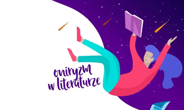 Oniryczny świat literatury, gdzie czytelniczka unosi się wśród gwiazd z otwartą książką.
