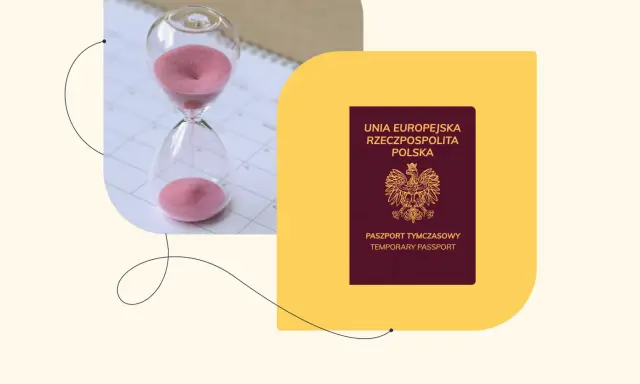 Klepsydra na kalendarzu obok polskiego paszportu tymczasowego.