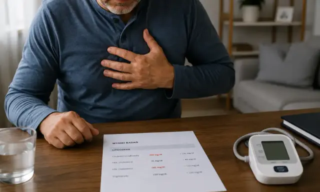 Mężczyzna z ręką na klatce piersiowej patrzy na wyniki badań lipidogramu. Rozważa tabletki na cholesterol na receptę.