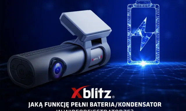 Wideorejestrator Xblitz V4 obok symbolu baterii. Dowiedz się, jaką funkcję pełni wymiana baterii w wideorejestratorze.