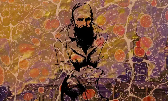 Ritratto stilizzato di Fëdor Dostoevskij su uno sfondo astratto colorato, con un'atmosfera che evoca le sue profonde riflessioni.