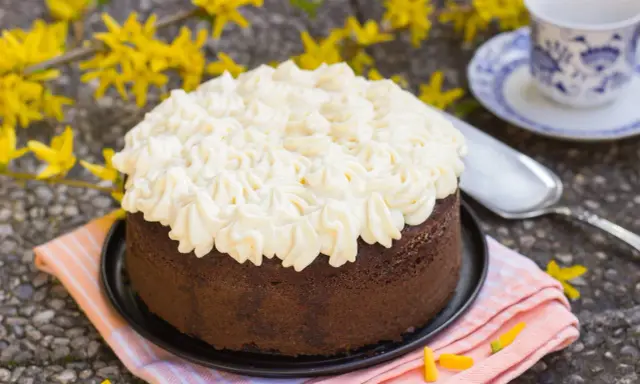 Gâteau au chocolat garni d'une chantilly aérienne, préparée avec de la gélatine en feuille pour une texture parfaite.