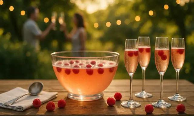 Un grand bol de soupe de champagne rose avec des framboises flotte sur une table en bois. Quatre flûtes à champagne remplies de la même boisson pétillante sont alignées.