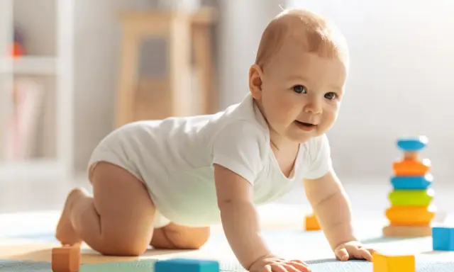 Bebé de 3 meses gateando, rodeado de bloques de colores y un apilador de aros, ideal para estimular su desarrollo.