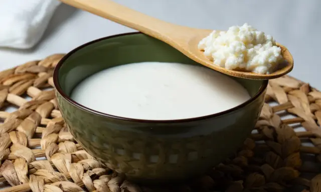 Un bol de kéfir, un probiotique naturel pour soulager le ballonnement, avec une cuillère en bois contenant des grains de kéfir.
