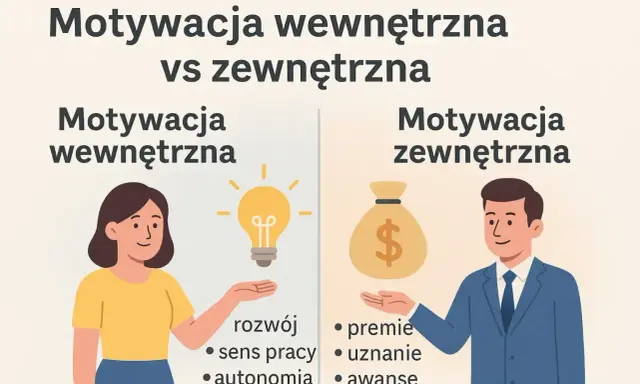 Ilustracja porównuje motywację wewnętrzną (rozwój, sens pracy, autonomia) z zewnętrzną (premie, uznanie, awanse), pokazując różne sposoby motywowania pracowników.