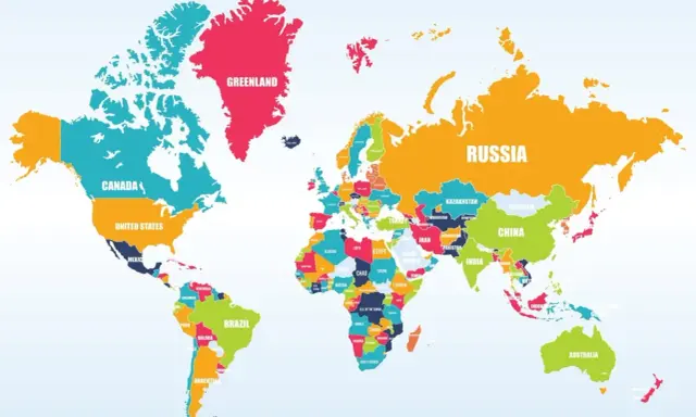 Kolorowa mapa świata z nazwami krajów, w tym kontynenty po angielsku: Kanada, USA, Grenlandia, Rosja, Chiny, Indie, Brazylia, Australia.