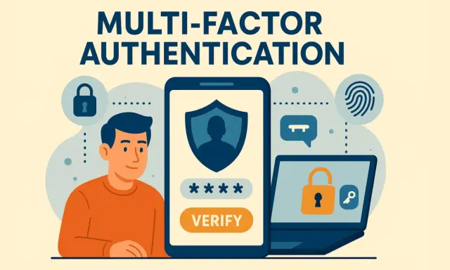 Illustration sur la sécurité numérique : un homme, un smartphone affichant un code et un ordinateur portable avec un cadenas symbolisent l'authentification multi-facteurs.