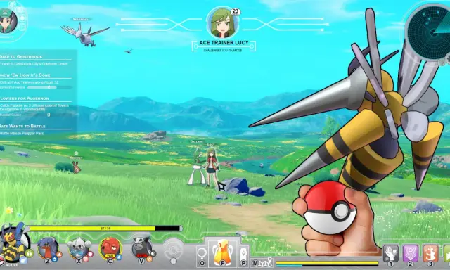 Gracz w gry pokemon przygotowuje się do bitwy z Trenerką Lucy. W ręku trzyma Poké Balla, a na ekranie widnieją cele misji.