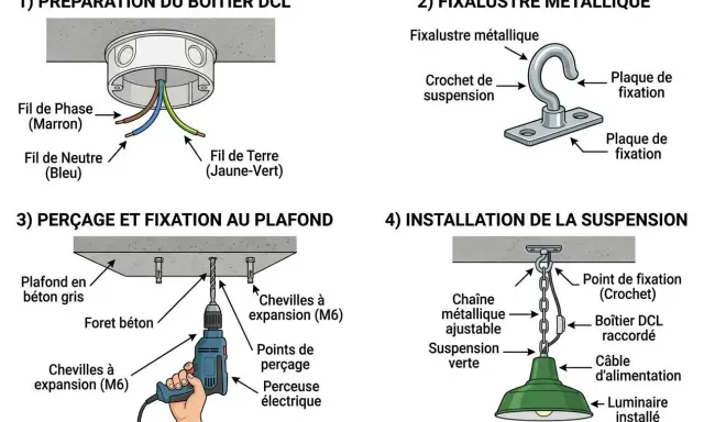 Étapes pour installer un luminaire au plafond : préparation du boîtier DCL, fixation métallique, perçage et installation de la suspension.