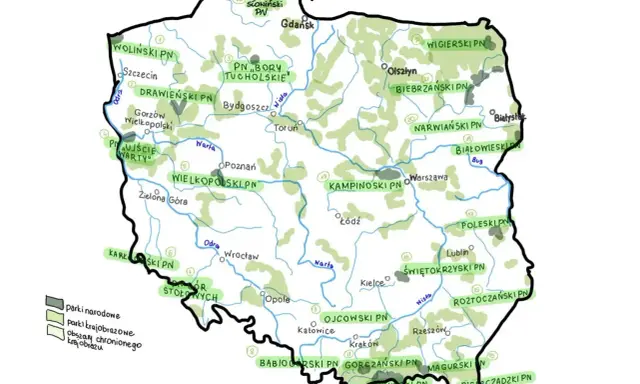 Mapa Polski z zaznaczonymi parkami narodowymi. W sumie jest ich 23, a na mapie widać ich rozmieszczenie.
