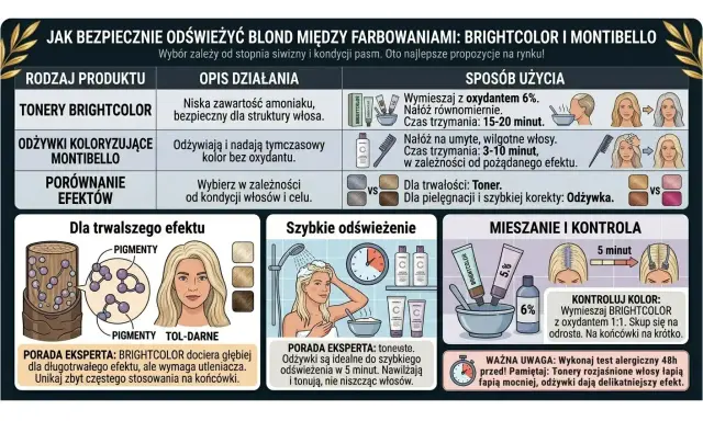 Toner na mokre czy suche włosy? Porównanie tonera Brightcolor i odżywki Montibello do odświeżania blondu.