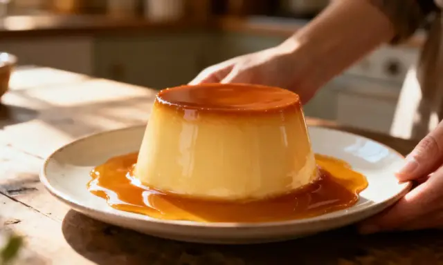 Un délicieux flan à la crème pâtissière et son caramel doré, prêt à être dégusté.
