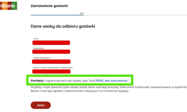 Formularz zamówienia gotówki w mBanku. Wpisz dane odbiorcy, pamiętaj o ograniczeniach dla wypłat, gdy Twój PESEL jest zastrzeżony!