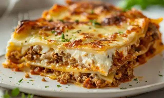 En bit krämig lasagne med köttfärs och bechamelsås, toppad med gyllene ost.