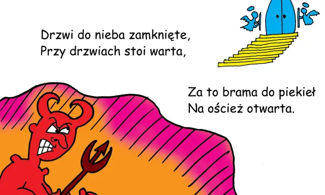Ilustracja z diabłem i bramą do nieba, kontrastująca z otwartą bramą do piekła.