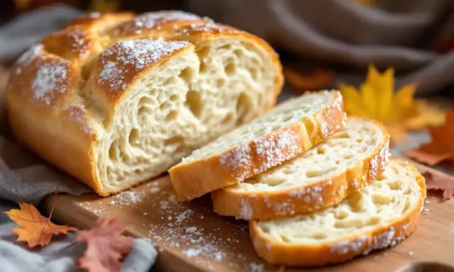 Pain viennois moelleux, saupoudré de sucre glace, coupé en tranches sur une planche en bois, avec des feuilles d'automne en arrière-plan.