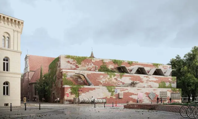Nowoczesna bryła z cegły, porośnięta zielenią, nawiązuje do historycznych budynków. Jej projekt opiera się na **dry principles** estetyki i funkcjonalności.