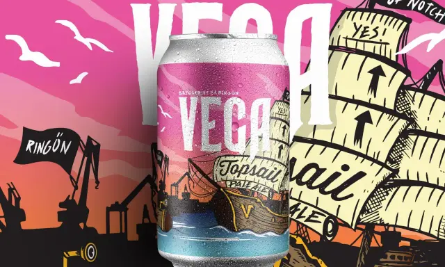 En burk från Vega Bryggeri med motiv av ett segelfartyg och hamninspirerad design.