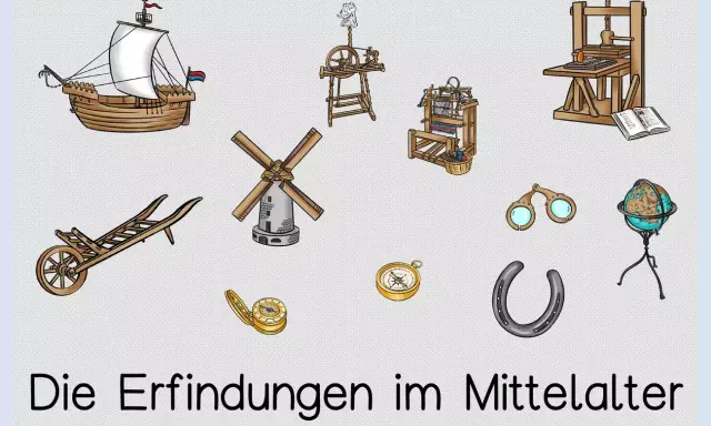 Eine Sammlung von mittelalterlichen Erfindungen: Schiff, Windmühle, Webstuhl, Buchdruckpresse, Kompass, Hufeisen, Globus, Brille und Schubkarre.