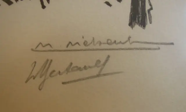 Signature de Mathurin Méheut, un artiste breton, tracée à l'encre grise sur un fond crème.