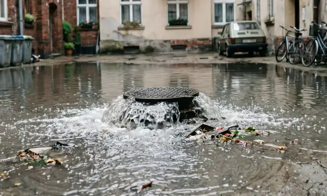 Woda z kanalizacji wydostaje się przez studzienkę, tworząc wodospad. Widać śmieci unoszące się na powierzchni.