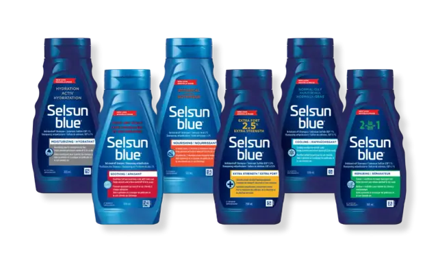 Gamme Selsun Blue avec disulfure de sélénium pour différents besoins capillaires : hydratation, apaisement, nutrition, force extra, et réparation.