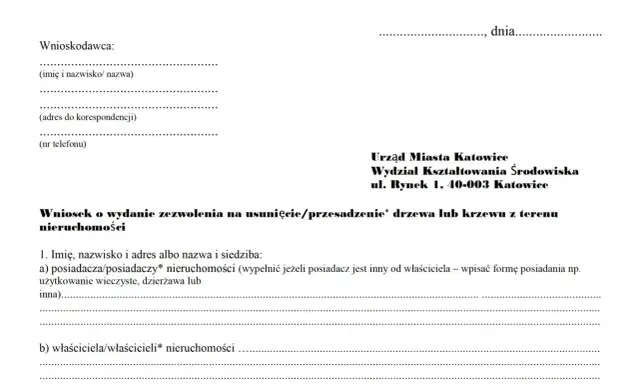 Wniosek o zezwolenie na wycinkę drzew na działce. Dokument zawiera dane wnioskodawcy i adresata: Urząd Miasta Katowice, Wydział Kształtowania Środowiska.