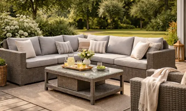 Wypoczynek na tarasie z meblami z technorattanu. Co to jest rattan? To materiał, który imituje naturalny rattan, ale jest trwalszy i odporny na warunki atmosferyczne.