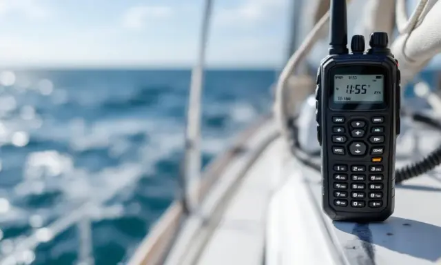 Une radio portee vhf sur un bateau, avec la mer en arrière-plan.