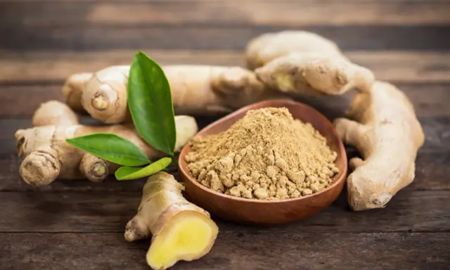 Des racines de gingembre frais et de la poudre de gingembre dans un bol en bois. Le gingembre est-il aphrodisiaque ? Une question qui suscite la curiosité.