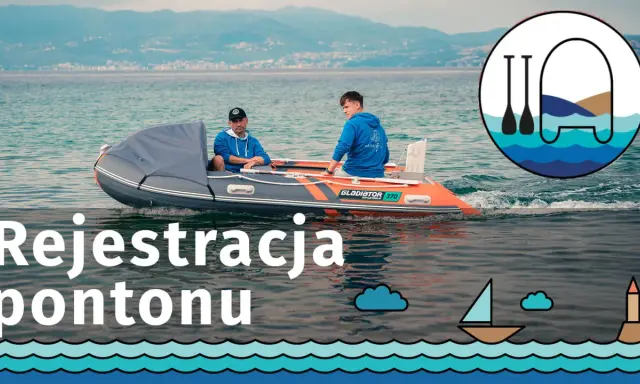 Dwóch mężczyzn płynie pontonem. Dowiedz się o pływanie pontonem przepisy i rejestracja pontonu.