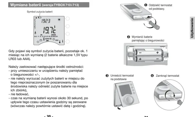 Instrukcja wymiany baterii w TYBOX 710i713: odłącz termostat, wymień baterie pamiętając o biegunowości, umieść termostat na podstawie i zamknij.