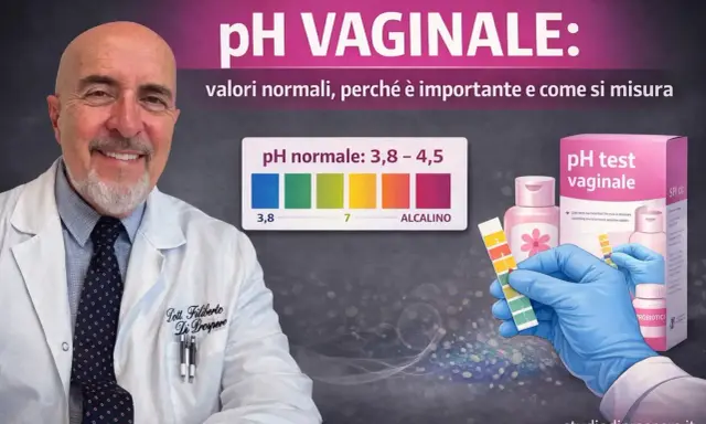 Medico sorridente in camice bianco, con grafico pH vaginale e kit test. Immagine a tema medicina.