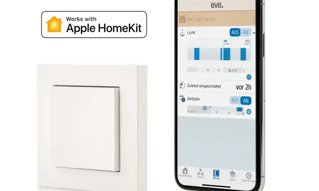 So einfach machst du deinen Lichtschalter smart: Ein weißer Schalter und ein iPhone mit der Eve App zeigen, wie HomeKit-Steuerung funktioniert.
